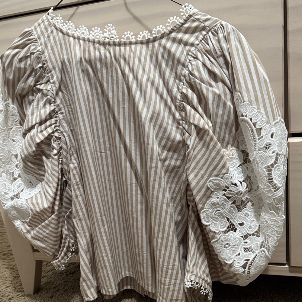 Olivaceous Beige Striped Blouse with White Lace Sleeves